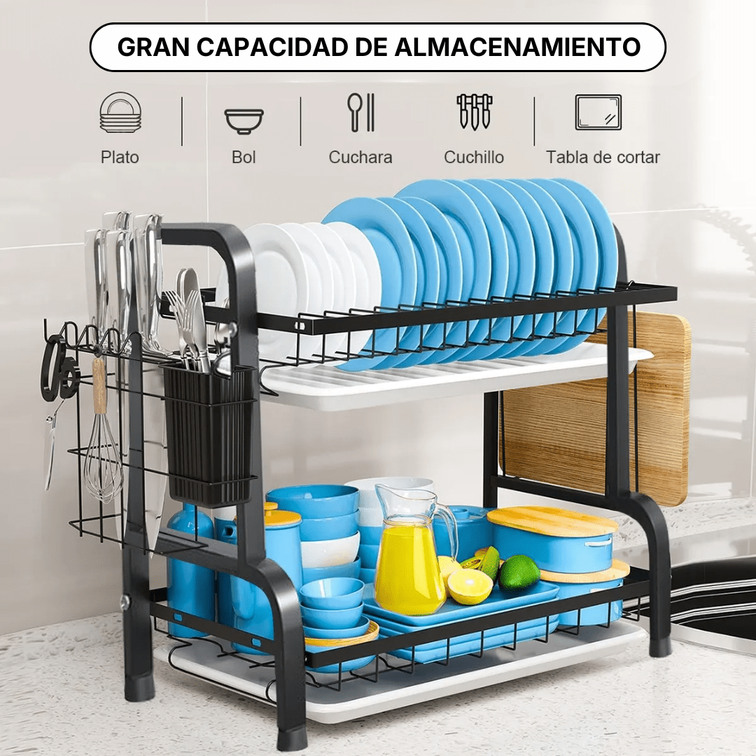 RACK ESCURRIDOR ORGANIZADOR SECADOR DE PLATOS 2 NIVELES NEGRO - RACKING