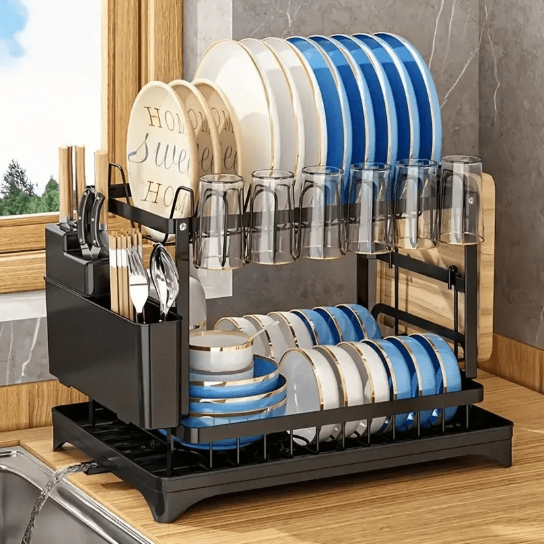 RACK ESCURRIDOR ORGANIZADOR SECADOR DE PLATOS 2 NIVELES NEGRO - DRYFLOW