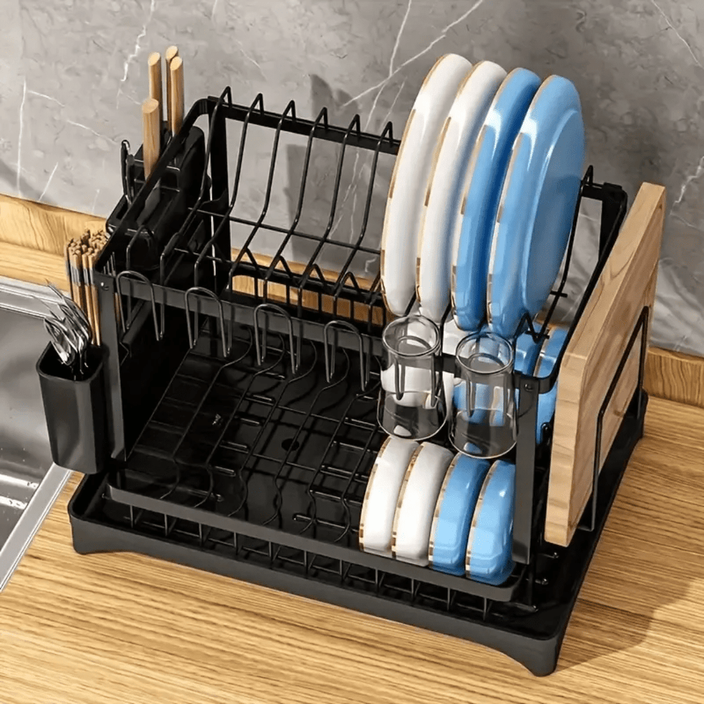 RACK ESCURRIDOR ORGANIZADOR SECADOR DE PLATOS 2 NIVELES NEGRO - DRYFLOW
