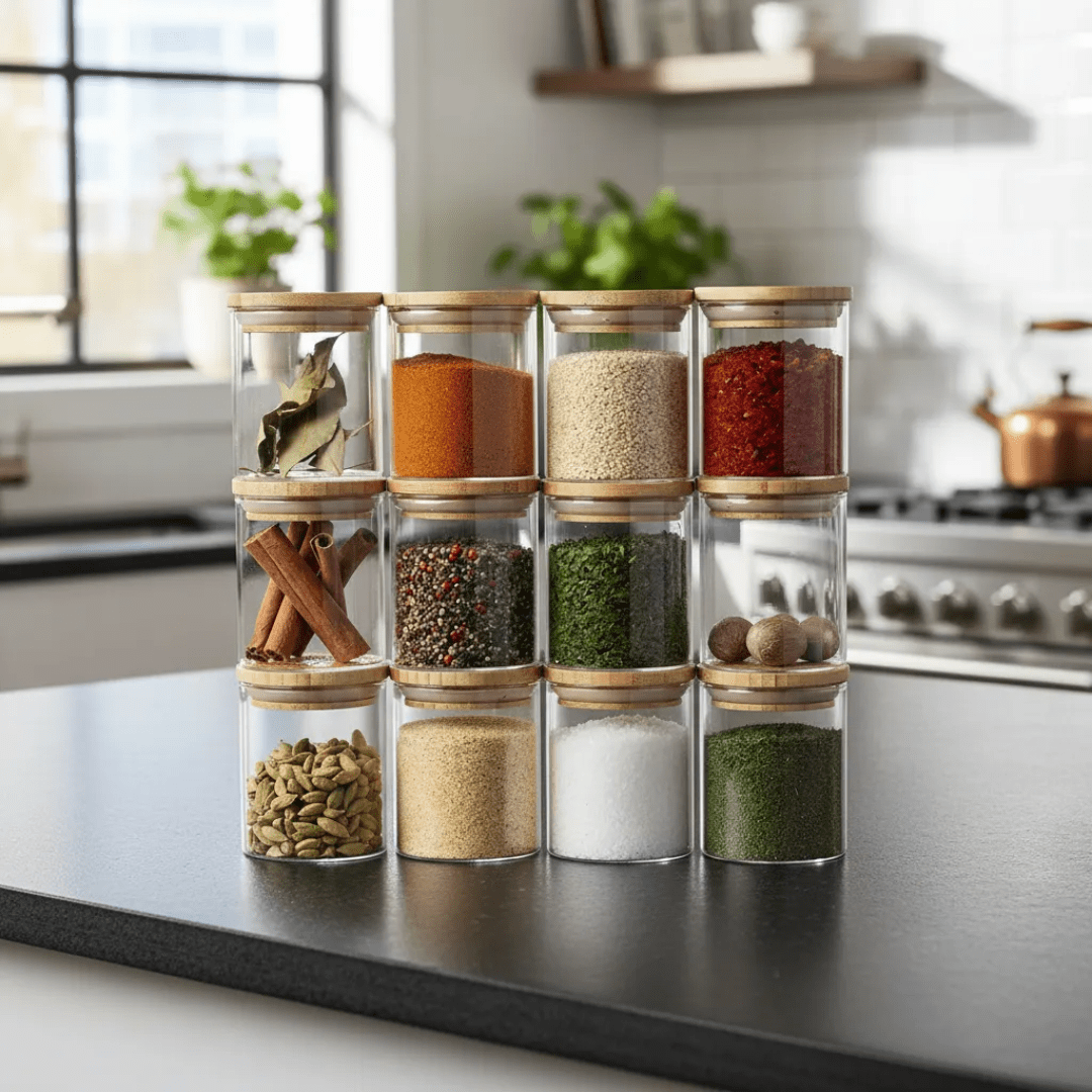 SET 6 FRASCOS HERMÉTICOS PARA CONDIMENTOS ESPECIAS TAPA BAMBÚ 250ML C/U - BAMBÚ JAR