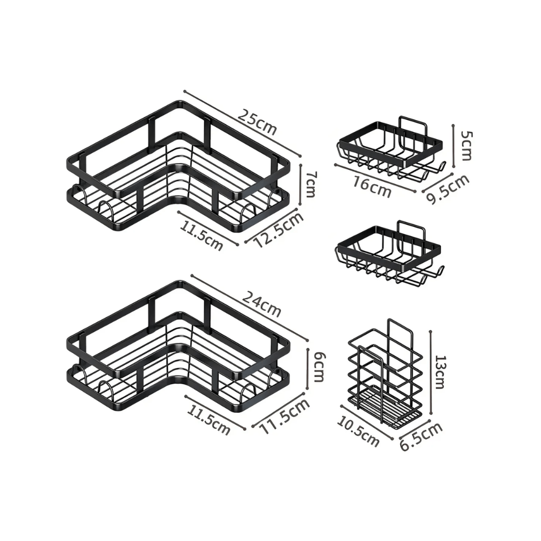 SET 5 PIEZAS EQUINERO ORGANIZADOR DUCHA BAÑO ADHESIVO NEGRO - CLEANBATH
