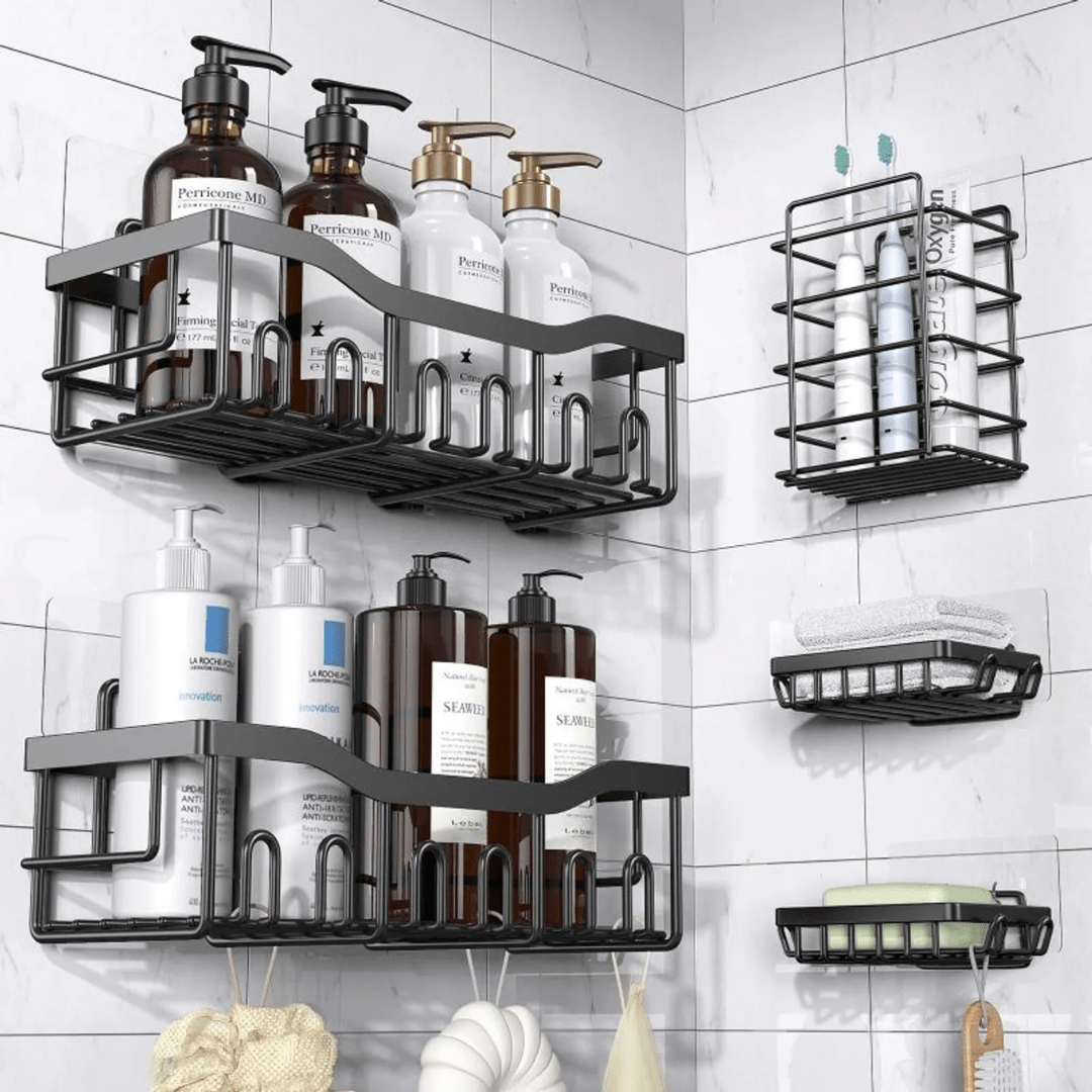 SET 5 PIEZAS EQUINERO ORGANIZADOR DUCHA BAÑO ADHESIVO NEGRO - CLEANBATH